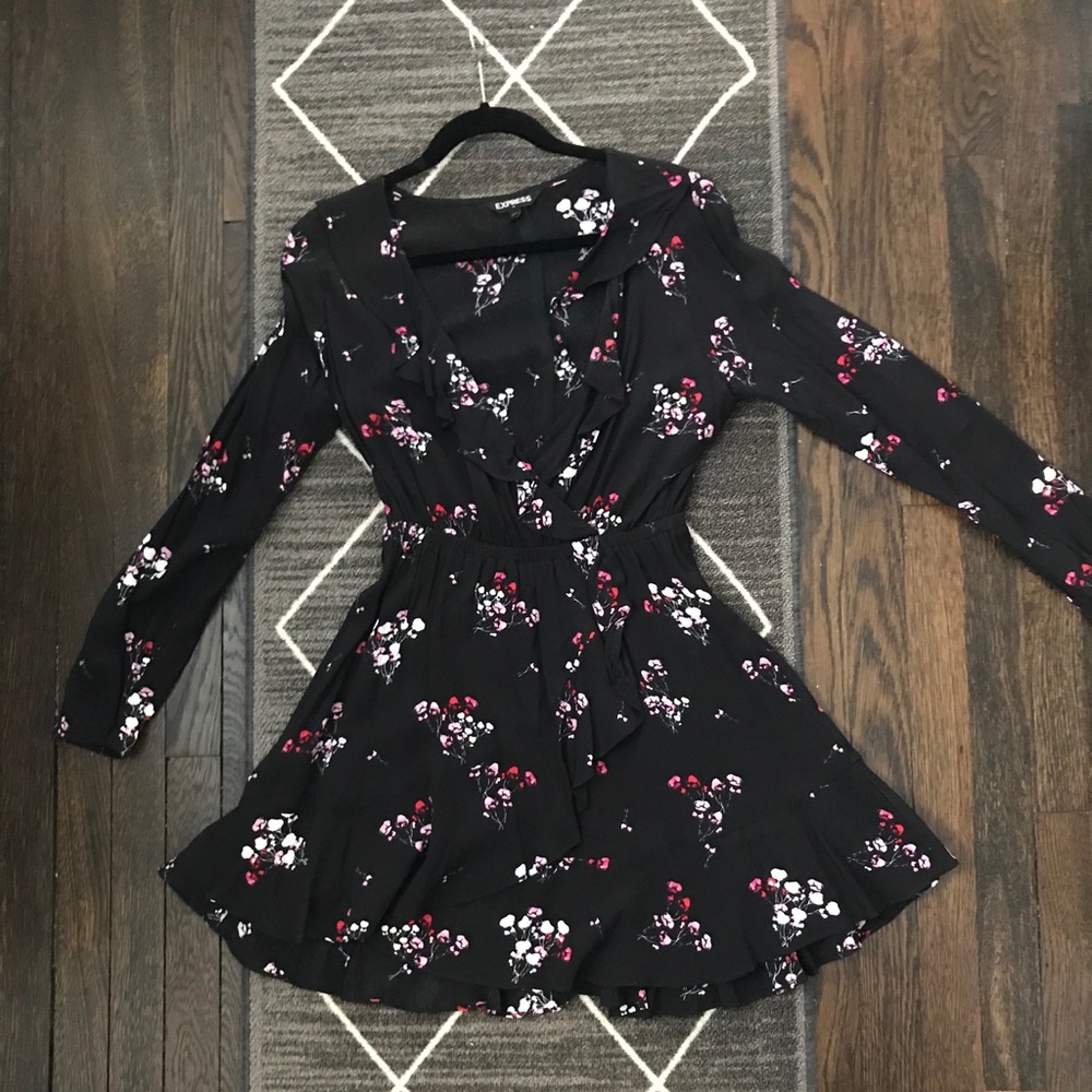 Express Black with Pink Flowers Ruffle Dress
